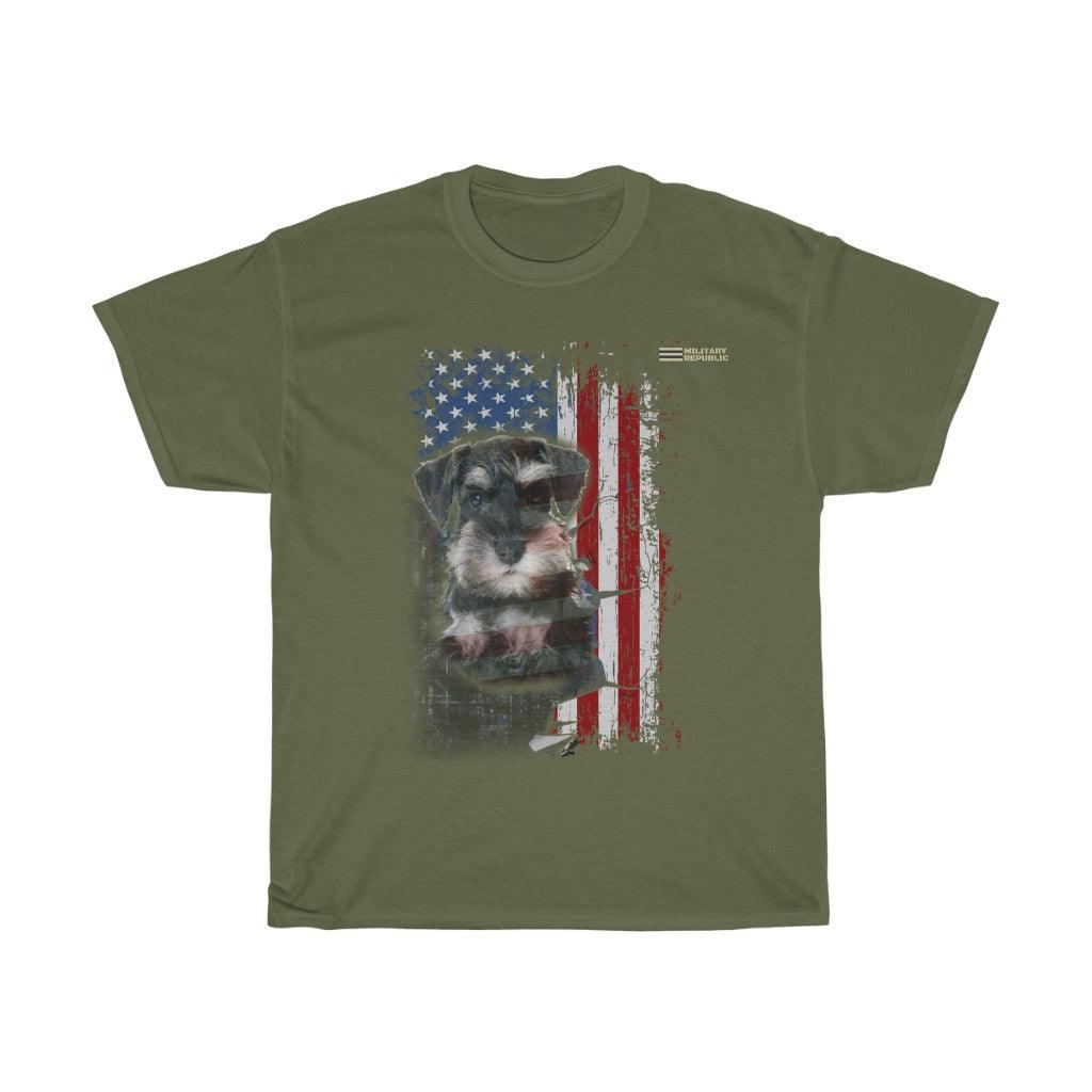 Schnauzer Dog with Distressed USA Flag Patriotic T-shirt - Military Republic