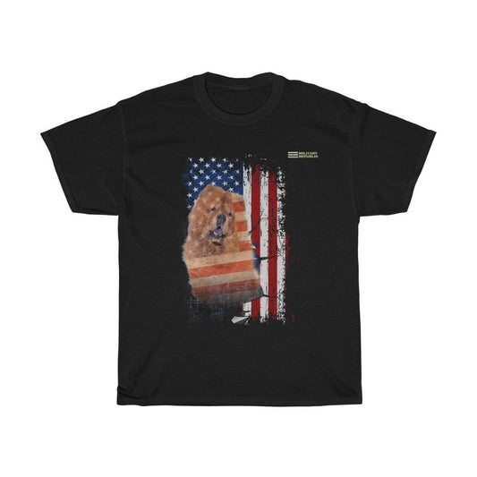 Chow Chow Dog with Distressed USA Flag Patriotic T-shirt - Military Republic