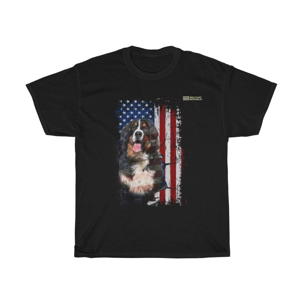 Bernese Mountain Dog with Distressed USA Flag Patriotic T-shirt - Military Republic