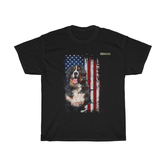 Bernese Mountain Dog with Distressed USA Flag Patriotic T-shirt - Military Republic