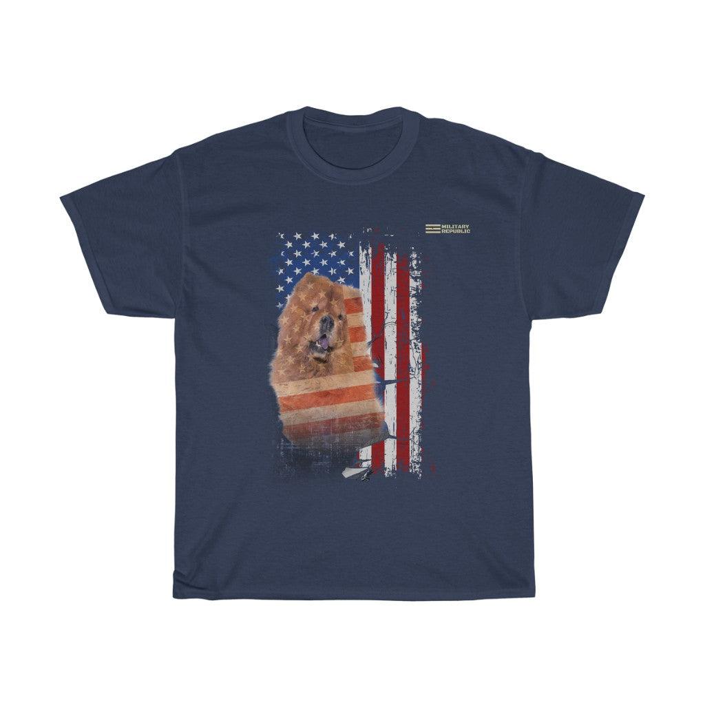 Chow Chow Dog with Distressed USA Flag Patriotic T-shirt - Military Republic