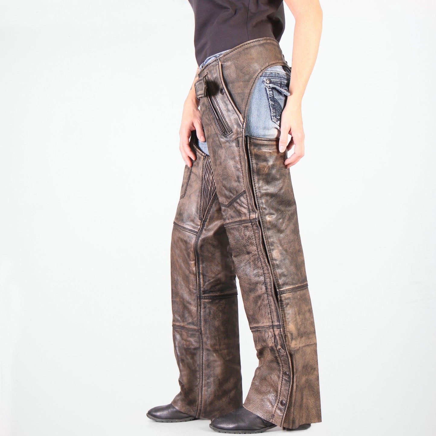 Fully Lined Premium Heavyweight Distressed Brown Leather Chaps for Men and Women - Military Republic