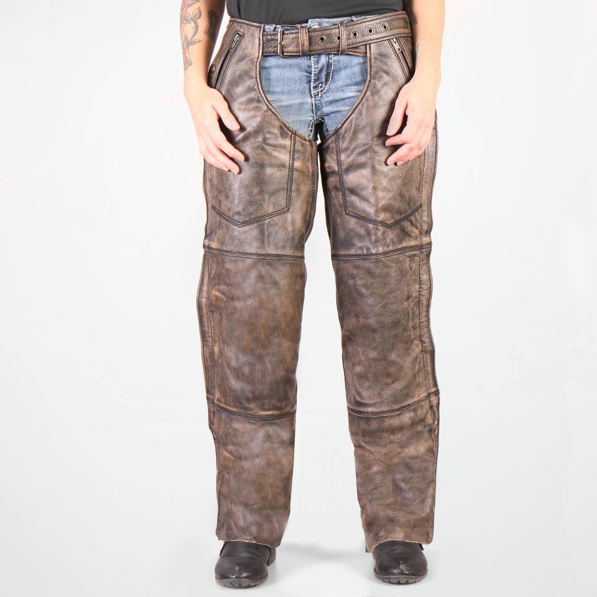 Fully Lined Premium Heavyweight Distressed Brown Leather Chaps for Men and Women - Military Republic