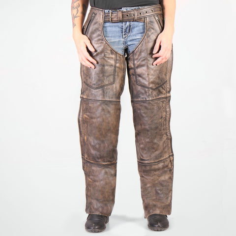 Fully Lined Premium Heavyweight Distressed Brown Leather Chaps for Men and Women - Military Republic