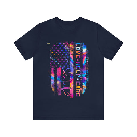 Colorful Distressed USA Flag with Love-Help-Care Design Nurse T-shirt