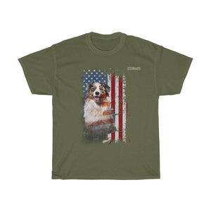 Australian Shepherd Dog with Distressed USA Flag Patriotic T-shirt - Military Republic