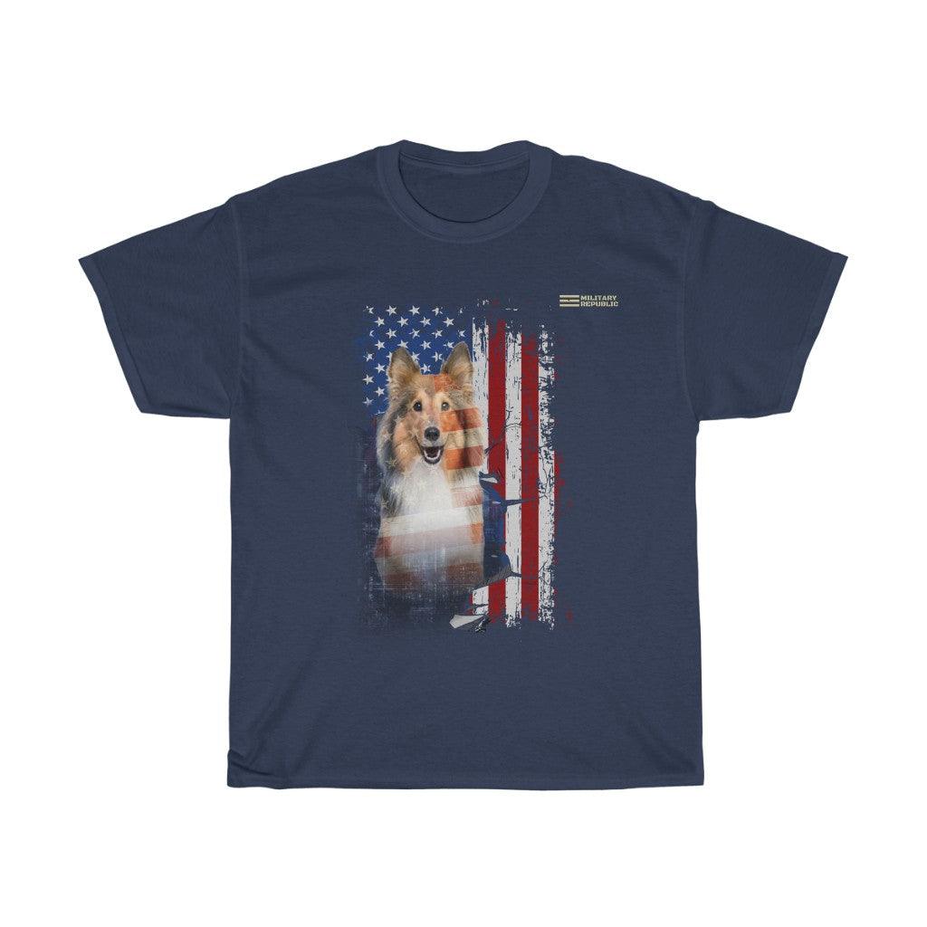 Rough Collie Dog with Distressed USA Flag Patriotic T-shirt - Military Republic