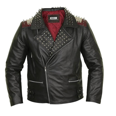Studded Spiked Black Leather Biker Jacket With Quilted Lining - Military Republic