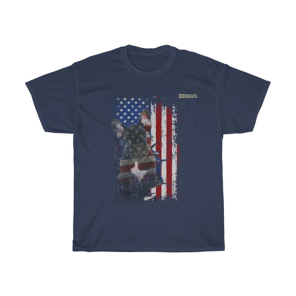 French Bulldog with Distressed USA Flag Patriotic T-shirt - Military Republic