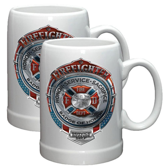 Firefighter Chrome Badge Stoneware Mug Set-Military Republic