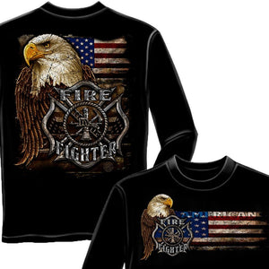 Firefighter Eagle And Flag Long Sleeve Shirt-Military Republic