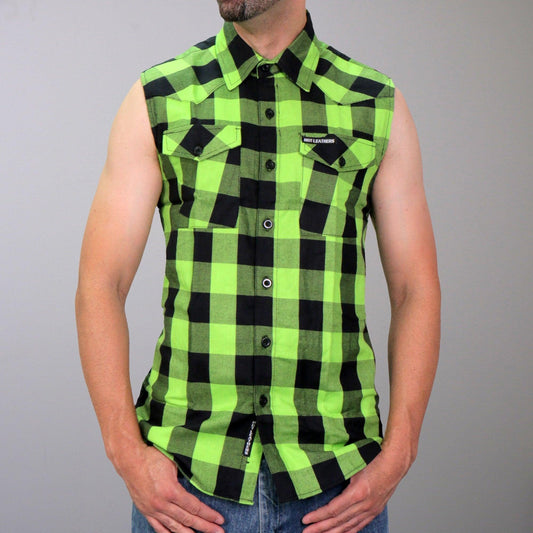 Black and Green Sleeveless Biker Flannel Shirt for Men - Military Republic