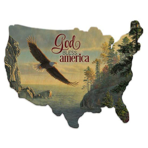 God Bless America - Eagle - Wood Cutout USA Map - Military Republic
