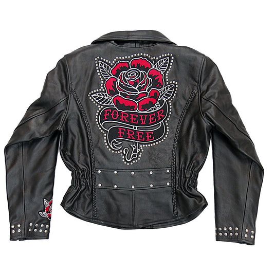 Ladies Braided Motorcycle Leather Jacket With Embroidered Bling Rose Design - Military Republic