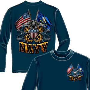 Navy Double Flag Long Sleeve Shirt-Military Republic
