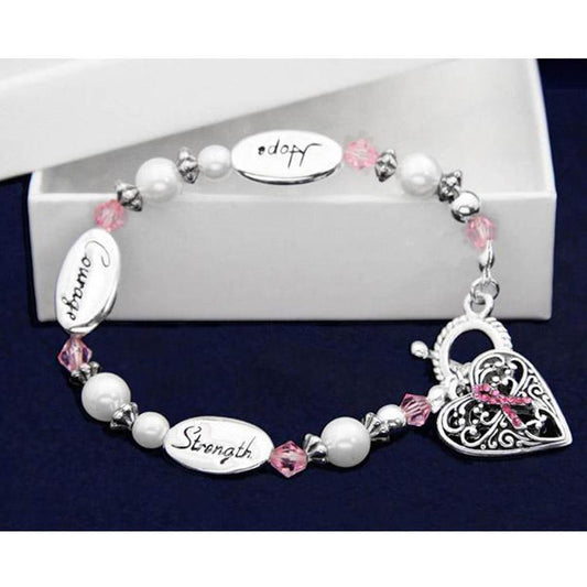 Pink Ribbon Beaded Hope Strength Courage Bracelet - Military Republic