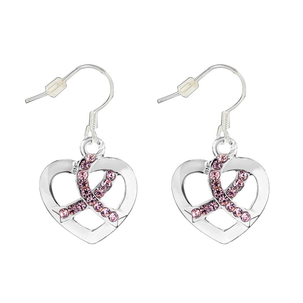 Pink Ribbon Crystal Heart Hanging Earrings - Military Republic