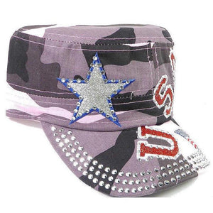 Rhinestone Cadet Cap USA Star - Pink Camo-Military Republic
