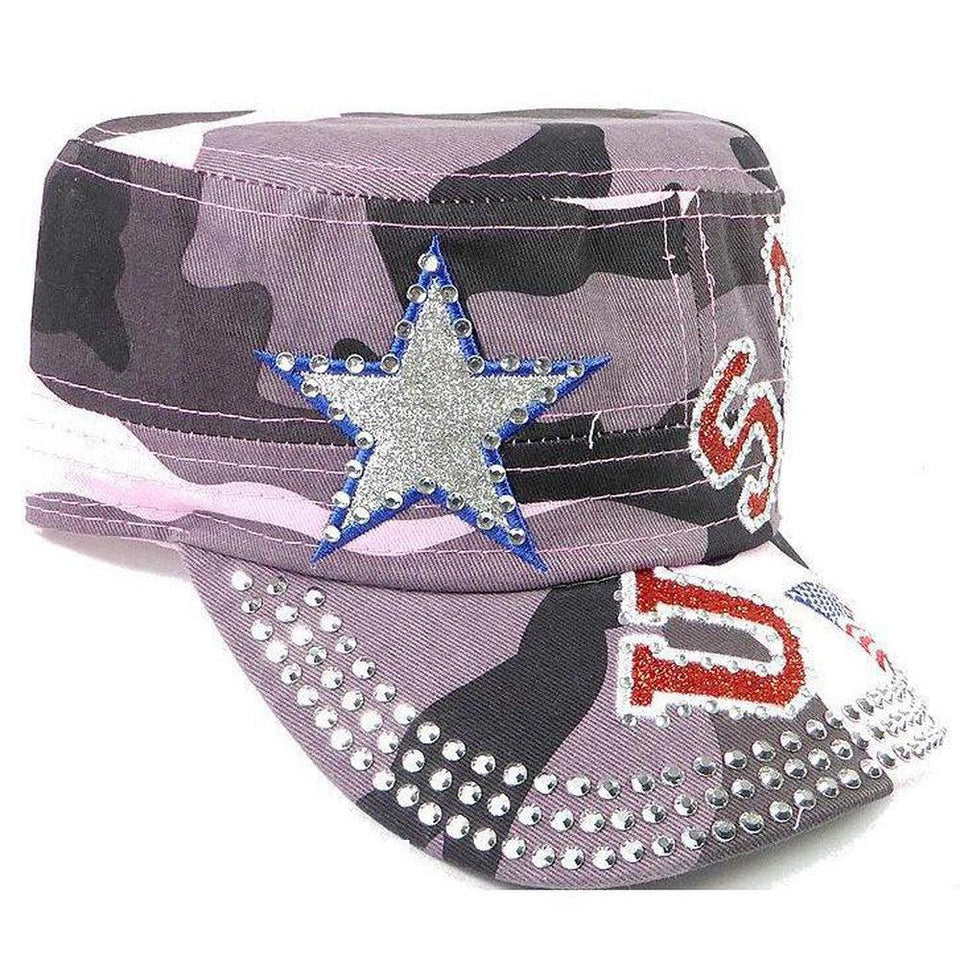 Rhinestone Cadet Cap USA Star - Pink Camo-Military Republic