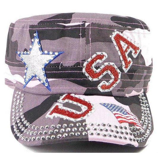 Rhinestone Cadet Cap USA Star - Pink Camo-Military Republic