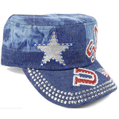 Rhinestone Cadet Cap USA Star - Splash Dark Denim-Military Republic