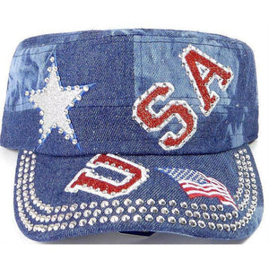 Rhinestone Cadet Cap USA Star - Splash Dark Denim-Military Republic
