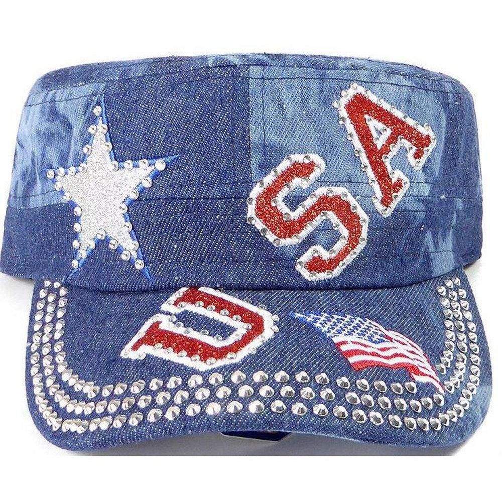 Rhinestone Cadet Cap USA Star - Splash Dark Denim-Military Republic