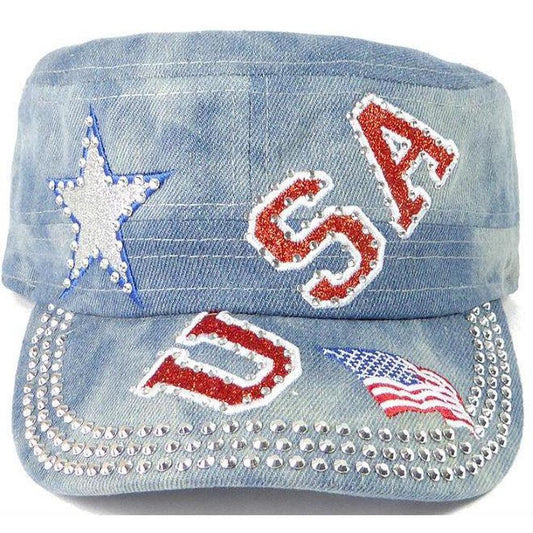 Rhinestone Cadet Cap USA Star - Splash Light Denim-Military Republic