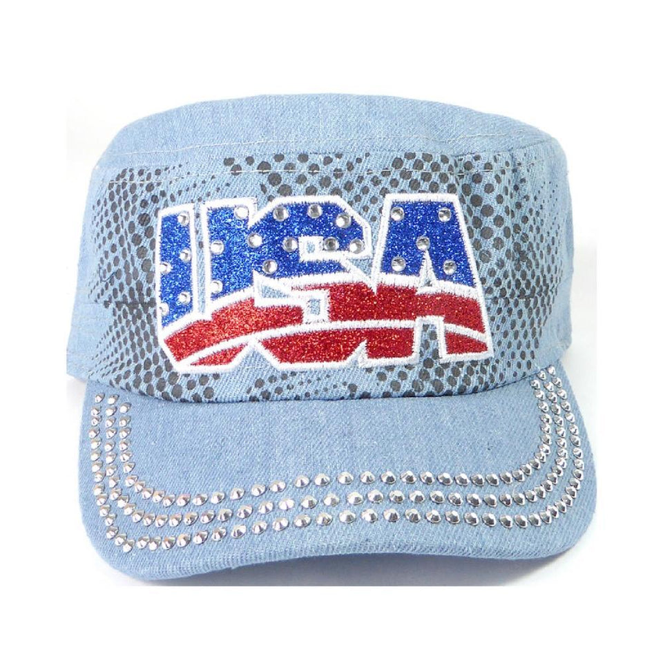 Rhinestone Cadet Hat USA - Light Denim-Military Republic