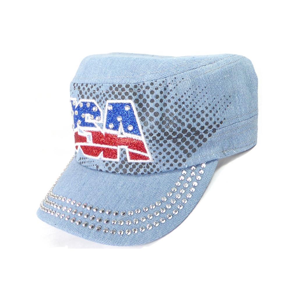 Rhinestone Cadet Hat USA - Light Denim-Military Republic