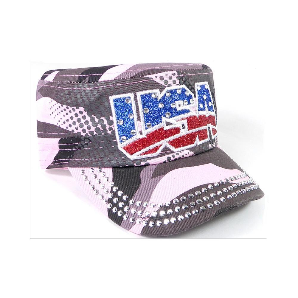 Rhinestone Cadet Hat USA - Pink Camo-Military Republic