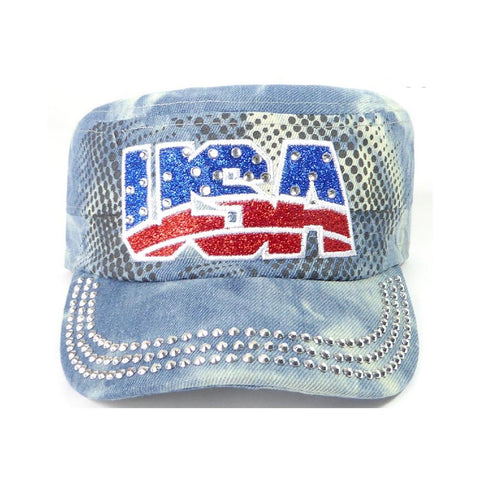 Rhinestone Cadet Hat USA - Splash Light Denim-Military Republic
