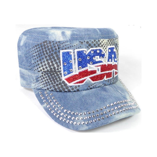 Rhinestone Cadet Hat USA - Splash Light Denim-Military Republic