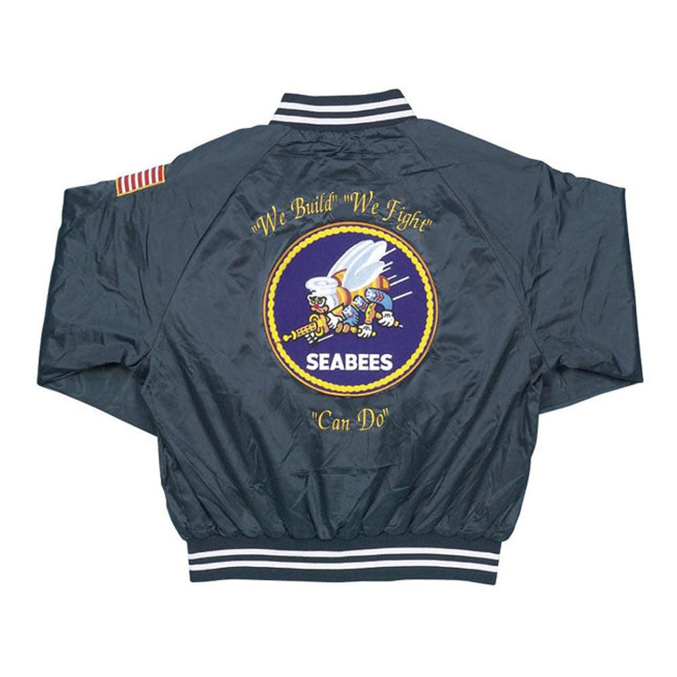 Seabee Can Do - Embroidered and Patch Navy Satin Jacket - Military Republic