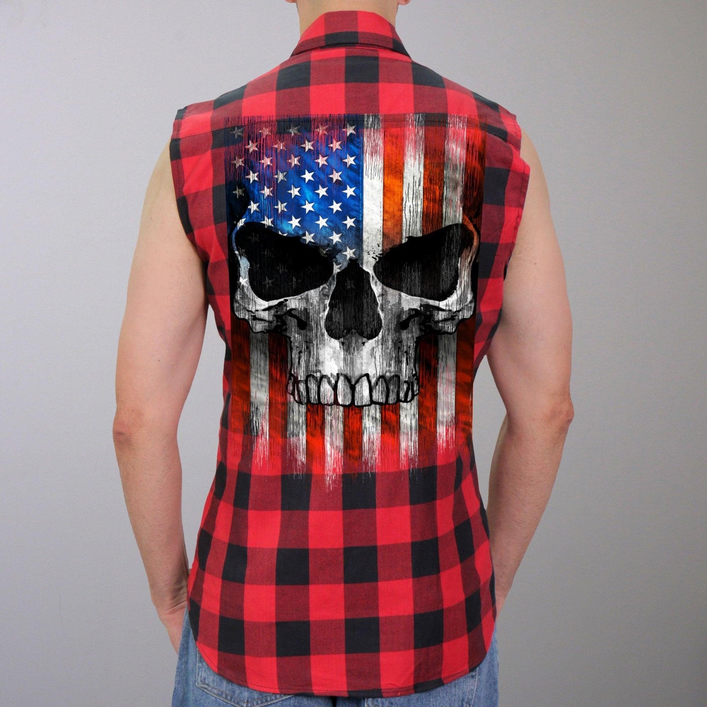 Patriot Skull Sleeveless Biker Flannel Shirt for Men - Military Republic