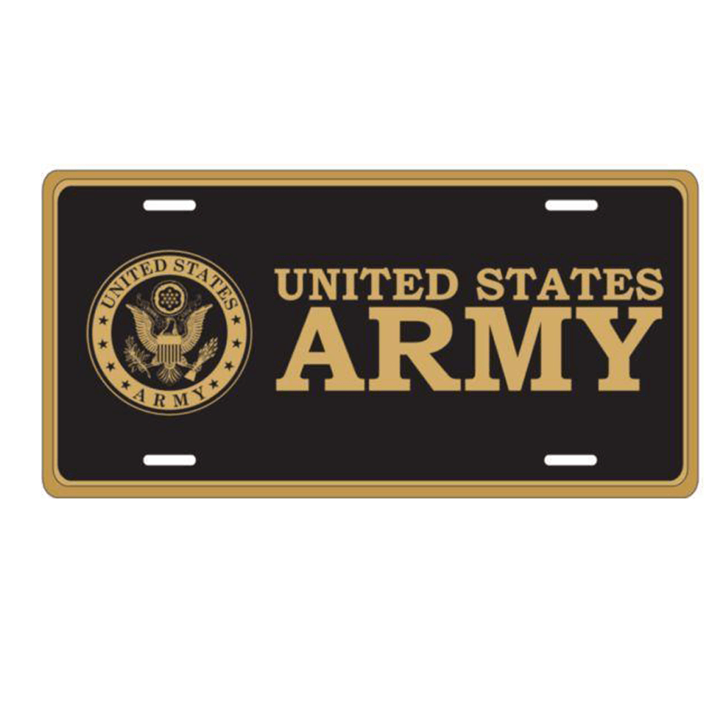 US Army Crest in Gold on Black Metal License Plate - Military Republic