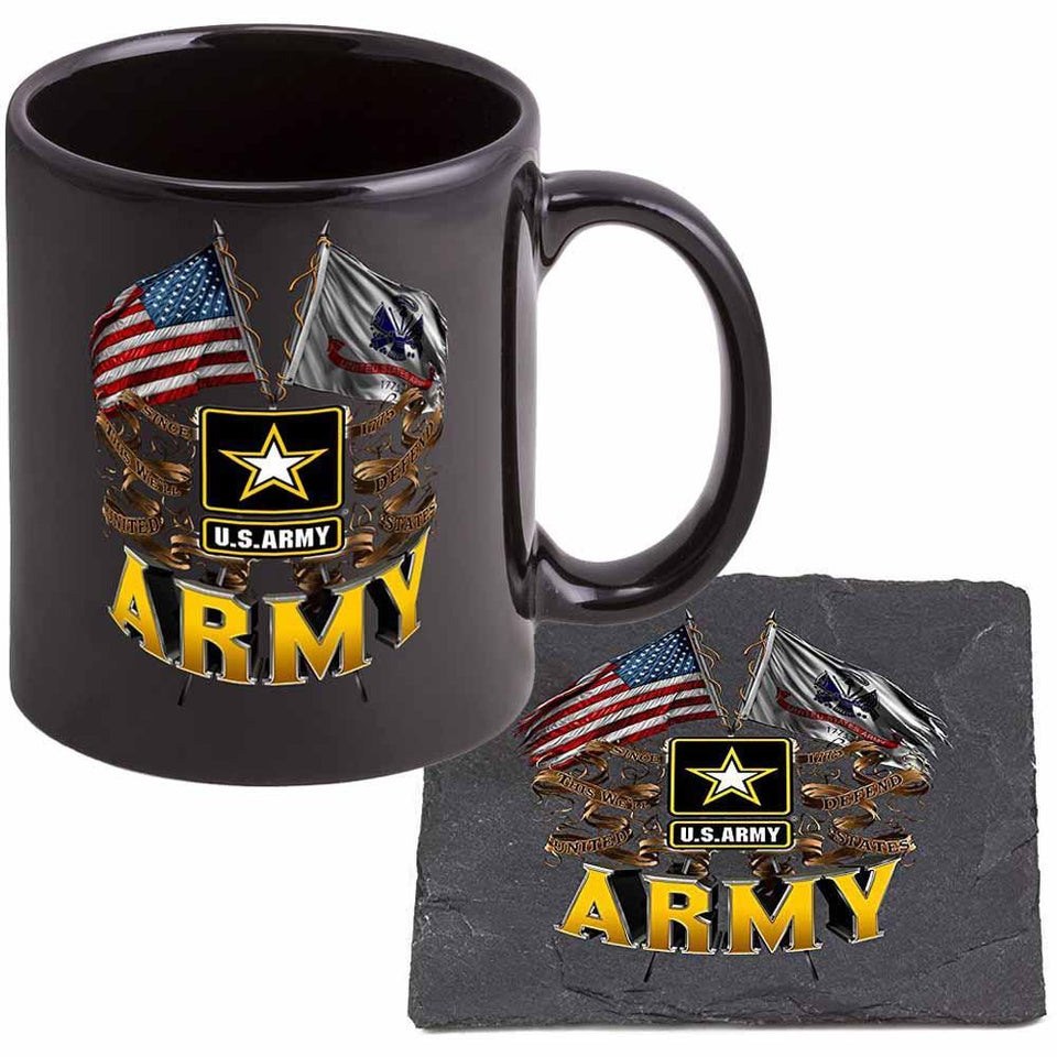 US Army Double Flag with Army Star Logo Stoneware Mug Set - Black - Military Republic