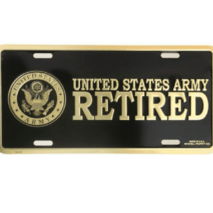 U.S. Army Retired Crest in Gold on Black Metal License Plate - Military Republic