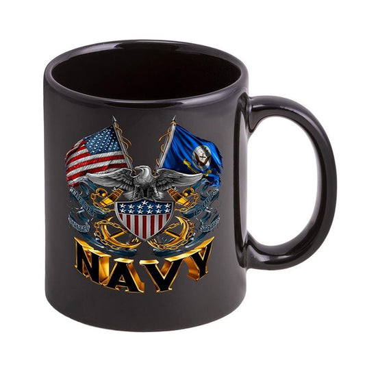 US Navy Double Flag Eagle Logo Stoneware Mug Set - Black - Military Republic