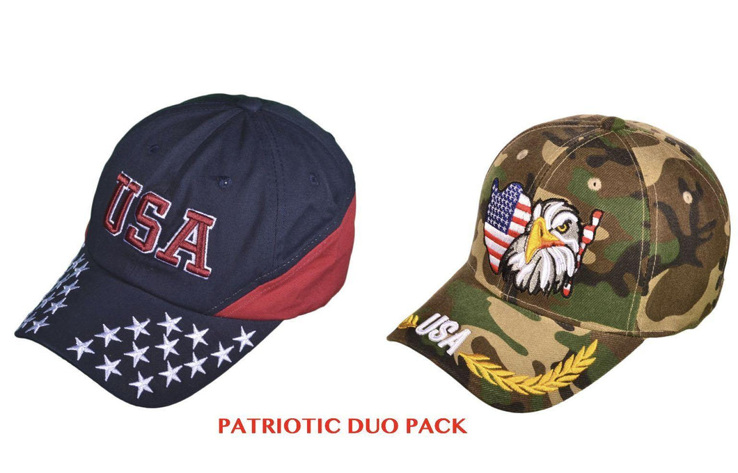 USA Patriotic Cap Duo - Camo Eagle & Flag + Red & Blue - Military Republic