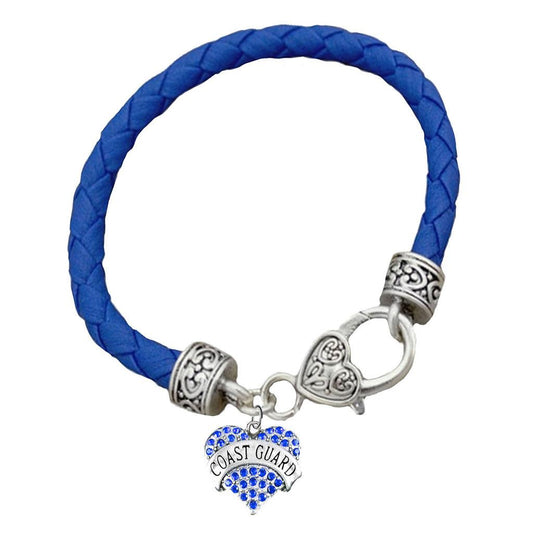 U.S. Coast Guard Crystal Heart Charm Blue Leather Bracelet - Military Republic