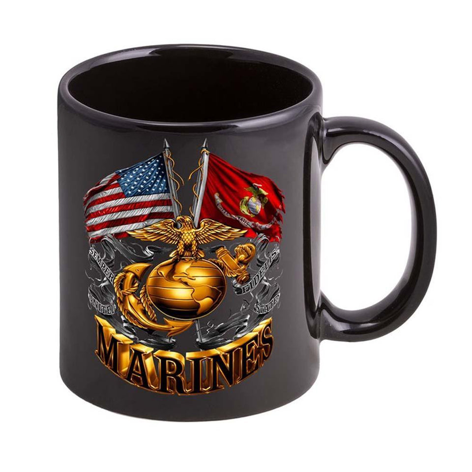 USMC Double Flag EGA Logo Stoneware Mug Set- Black - Military Republic