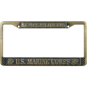 USMC Fidelis Antique Brass License Plate Frame - Military Republic
