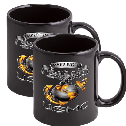 USMC Semper Fidelis Eagle Stoneware Mug Set - Black - Military Republic