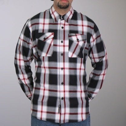 Black White And Red Long Sleeve Biker Flannel for Men - Military Republic
